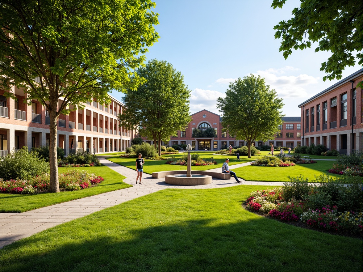 Prompt: Quintessential Romanesque school buildings, lush green lawns, vibrant flower beds, meandering stone pathways, ornate fountain features, majestic trees with sprawling canopies, rustic wooden benches, classic lampposts, natural stone retaining walls, blooming perennials, sunny afternoon, warm soft lighting, shallow depth of field, 3/4 composition, panoramic view, realistic textures, ambient occlusion.