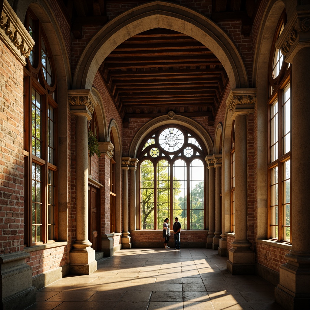 Prompt: Rustic stone walls, ornate carvings, grand arched windows, stained glass details, intricate column capitals, weathered brick facades, medieval-inspired architecture, warm golden lighting, soft misty atmosphere, shallow depth of field, 1/2 composition, symmetrical framing, rich textures, ambient occlusion.