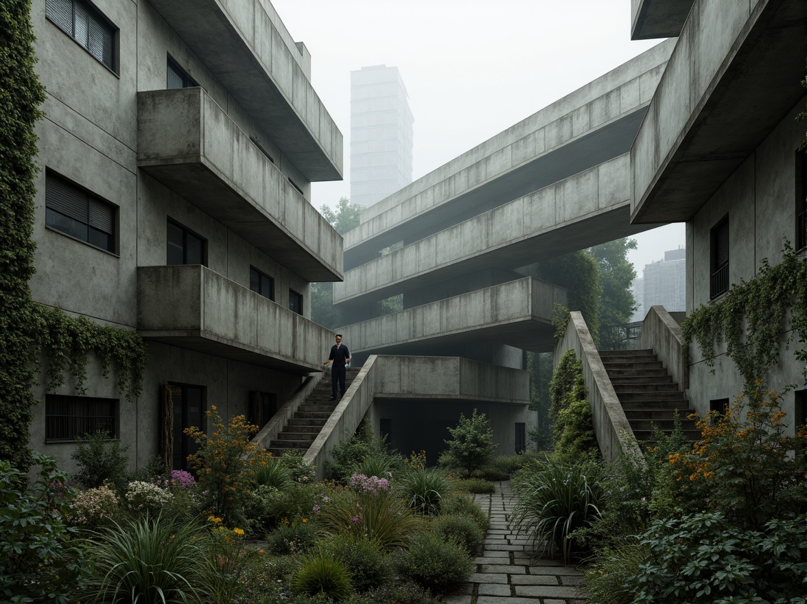 Prompt: Rugged brutalist buildings, concrete textures, raw industrial materials, fortress-like structures, imposing scale, dramatic shadows, overgrown vegetation, wildflowers, moss-covered walls, weathered steel beams, poured concrete foundations, monumental staircases, brutalist sculptures, urban cityscape, dense foliage, misty atmosphere, low-key lighting, cinematic composition, atmospheric perspective, detailed textures.