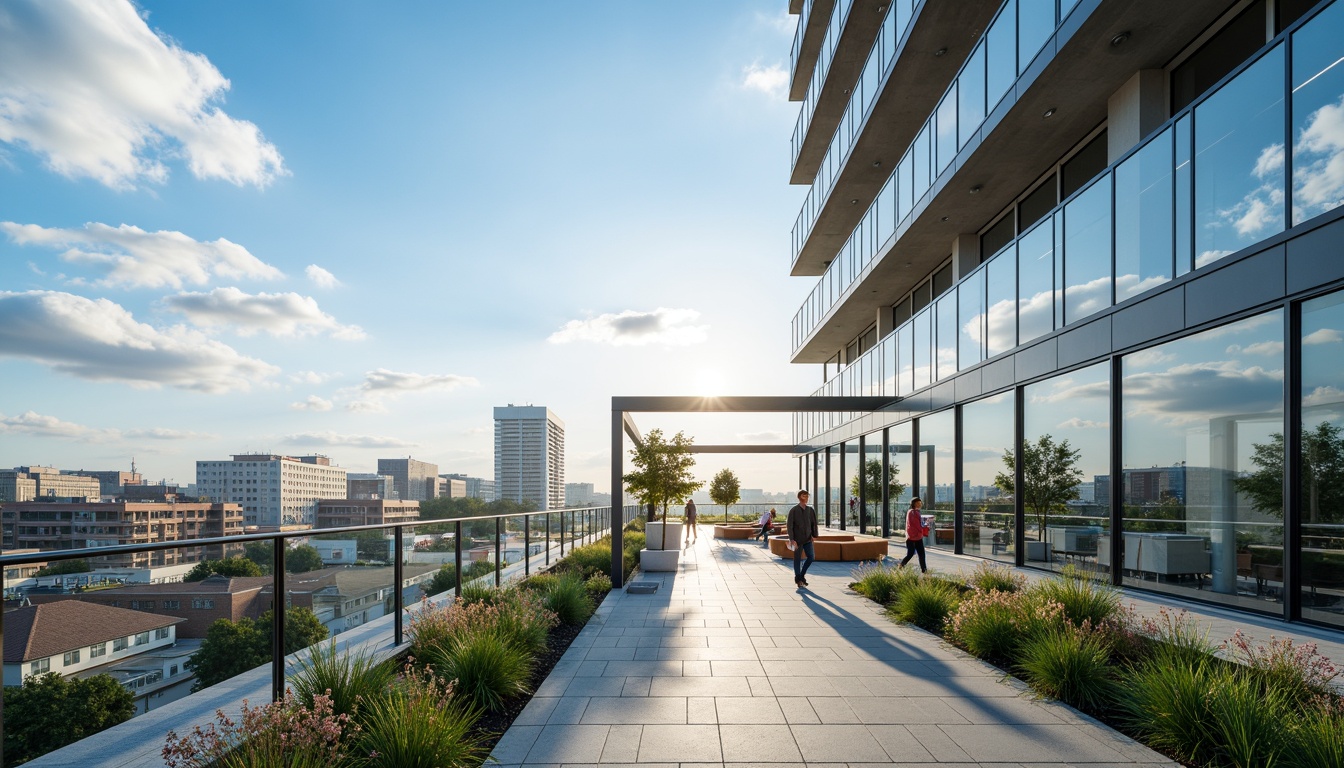 Prompt: Modern office building, transparent glass walls, sleek metal frames, minimalist design, open floor plan, collaborative workspaces, ergonomic furniture, natural light influx, airy atmosphere, cityscape views, urban landscape, blue sky background, fluffy white clouds, warm sunlight, shallow depth of field, 3/4 composition, panoramic view, realistic reflections, ambient occlusion.