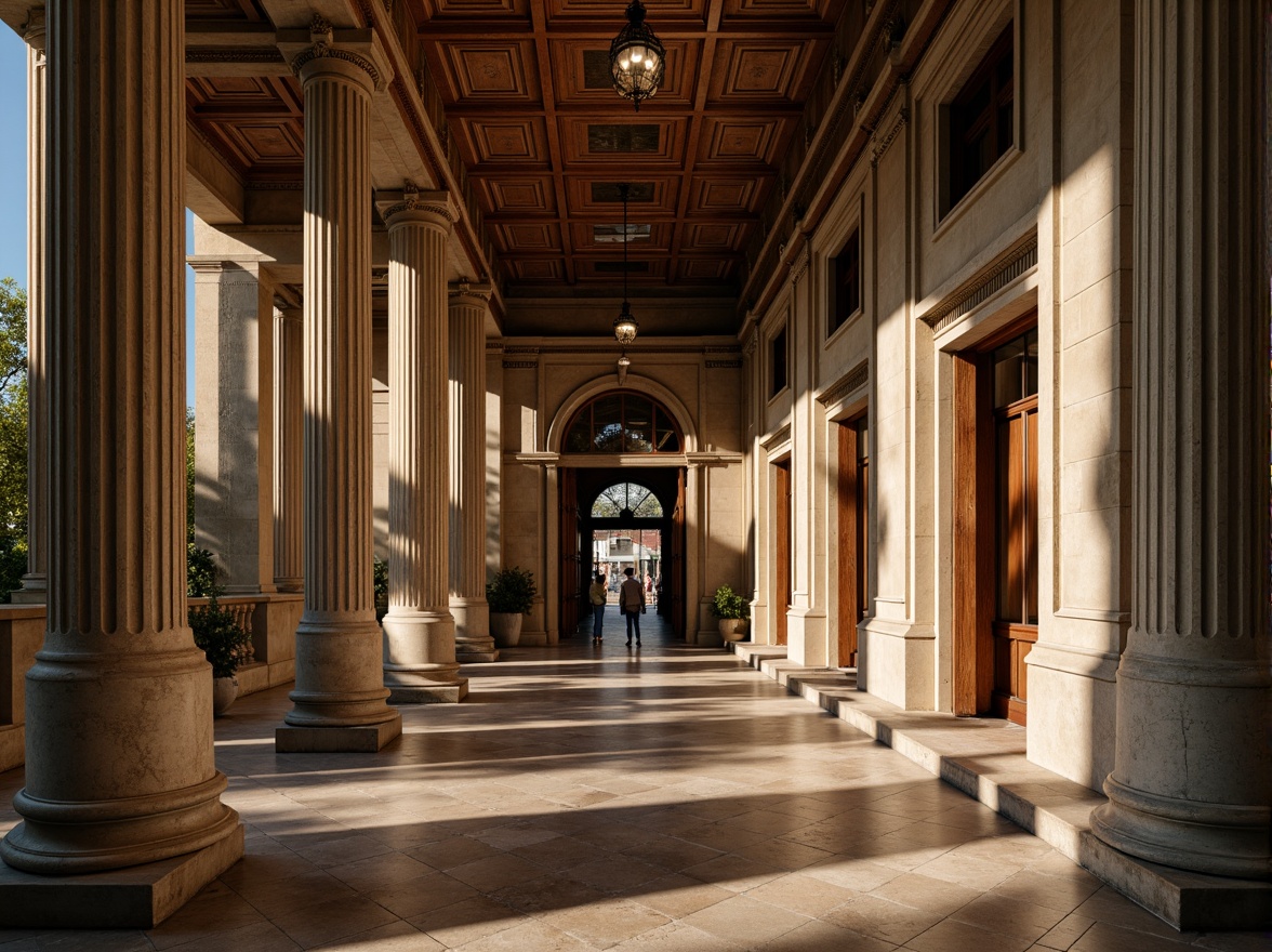 Prompt: Historic courthouse, neoclassical architecture, grand entrance, imposing columns, ornate details, rich wood tones, earthy brown stones, muted beige walls, dignified atmosphere, natural light filtering, subtle shadows, warm golden lighting, 1/2 composition, symmetrical framing, realistic textures, ambient occlusion.