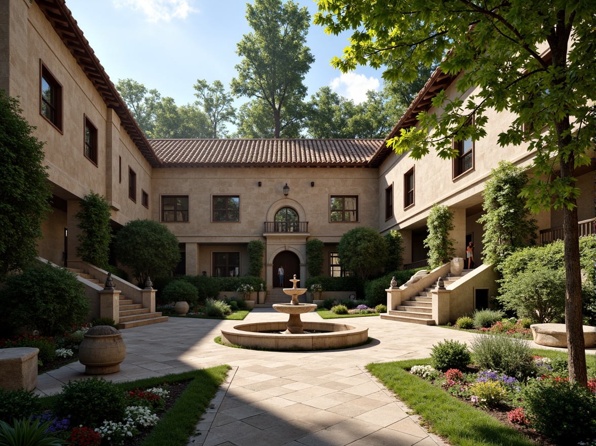 Prompt: Rustic school courtyard, lush ivy walls, ornate fountains, grand staircases, arched windows, clay tile roofs, weathered stone buildings, classic Romanesque architecture, manicured lawns, vibrant flower beds, meandering pathways, mature trees, dappled shade, warm afternoon lighting, soft focus, 1/2 composition, symmetrical framing, rich textures, subtle depth of field.