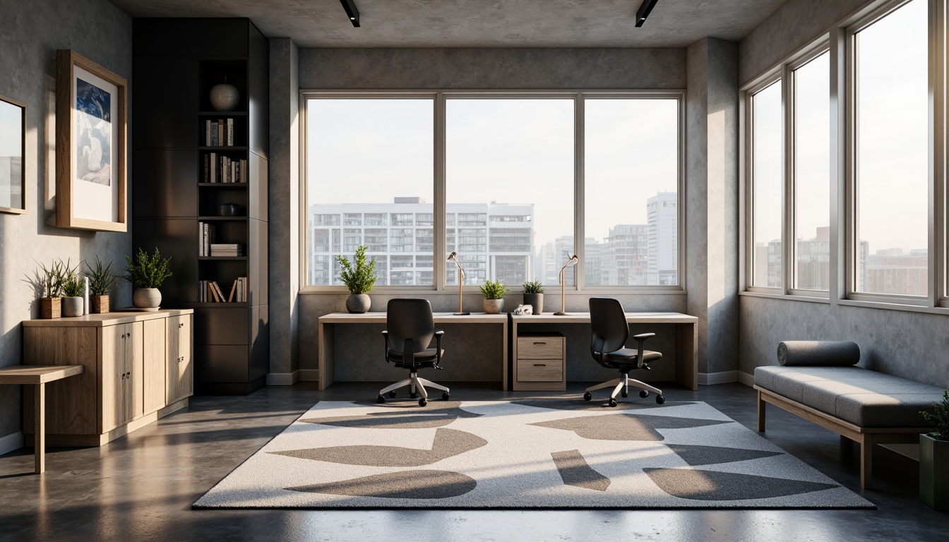 Prompt: Minimalist dorm room, modern furniture, sleek lines, monochromatic color scheme, industrial chic decor, polished concrete floors, geometric patterned rugs, functional storage units, compact desks, ergonomic chairs, floor-to-ceiling windows, natural light, soft warm ambiance, 1/1 composition, shallow depth of field, realistic textures, ambient occlusion.