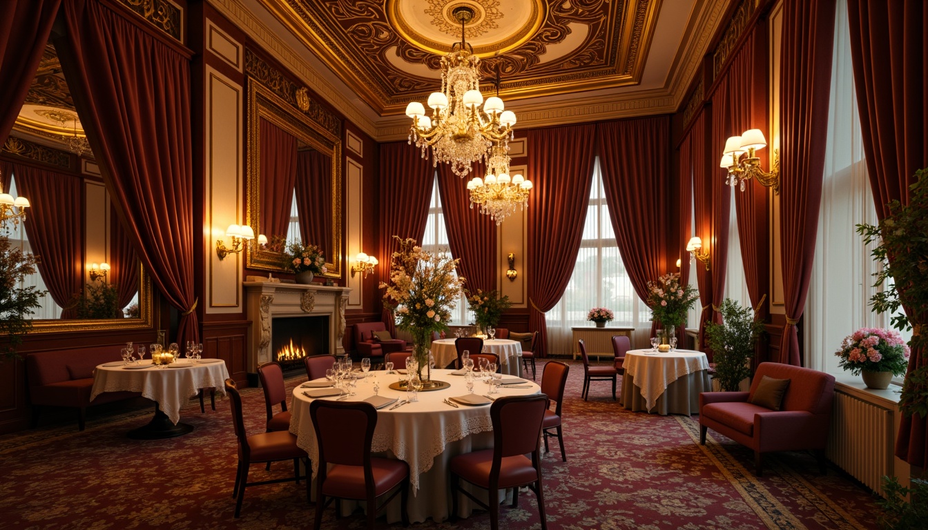 Prompt: Elegant dining hall, ornate chandeliers, warm golden lighting, soft candlelight, luxurious velvet drapes, rich wood paneling, intricate carvings, ornamental mirrors, lavish flower arrangements, delicate lace tablecloths, intimate seating areas, cozy fireplaces, subtle misty ambiance, warm color palette, 1/2 composition, shallow depth of field, warm soft focus, elegant cursive typography.