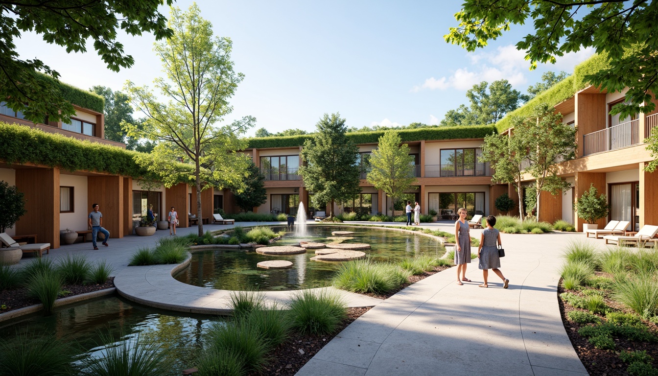 Prompt: Soothing hospital courtyard, lush green roofs, calming water features, natural stone pathways, serene seating areas, vibrant flower beds, therapeutic gardens, accessible walking trails, wheelchair-friendly ramps, modern healthcare architecture, large windows, abundant natural light, warm wood accents, comfortable waiting areas, peaceful ambiance, shallow depth of field, 1/1 composition, realistic textures, ambient occlusion.