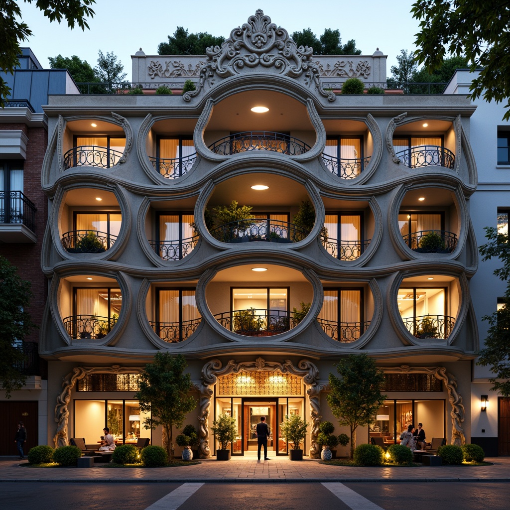 Prompt: Ornate hotel facade, sinuous lines, flowing curves, organic shapes, lavish decorations, intricate ironwork, stained glass windows, grand entrance, ornamental balconies, twisted columns, foliate motifs, golden accents, soft warm lighting, shallow depth of field, 3/4 composition, panoramic view, realistic textures, ambient occlusion.