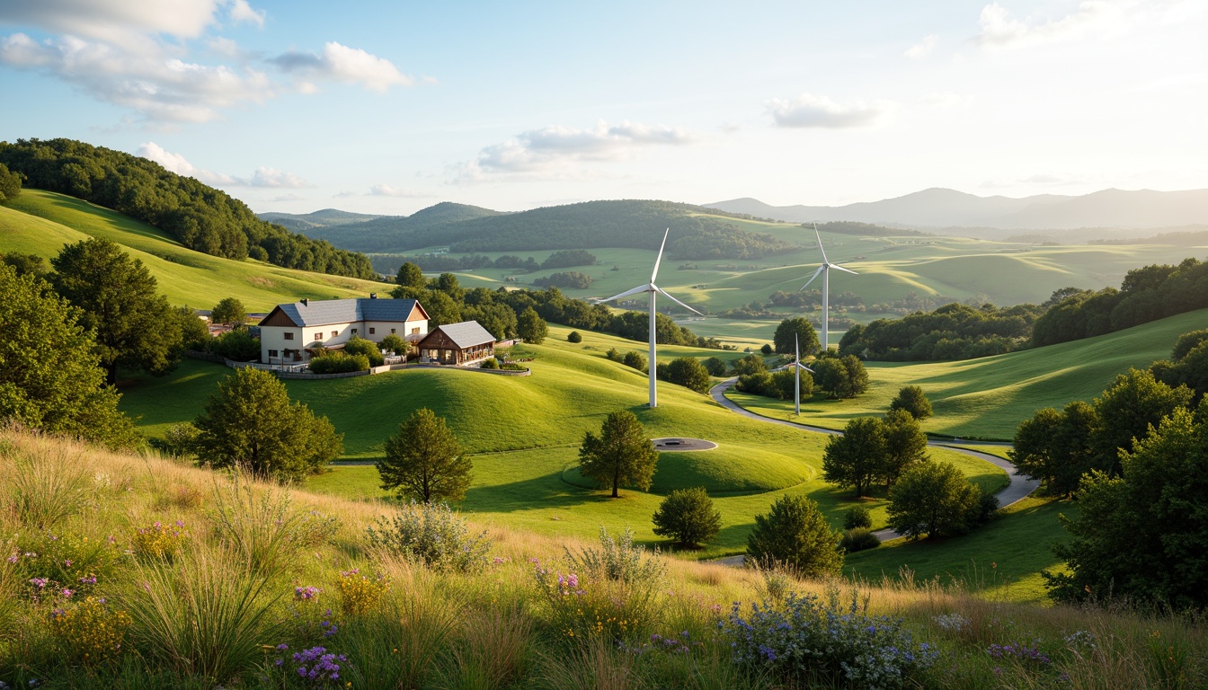 Prompt: Rural countryside, rolling hills, vast open spaces, modern farmhouses, rustic barns, windmills, solar panels, green roofs, eco-friendly materials, sustainable energy solutions, verdant pastures, lush vegetation, wildflowers, meandering streams, serene atmosphere, warm natural lighting, shallow depth of field, 1/2 composition, panoramic view, realistic textures, ambient occlusion.