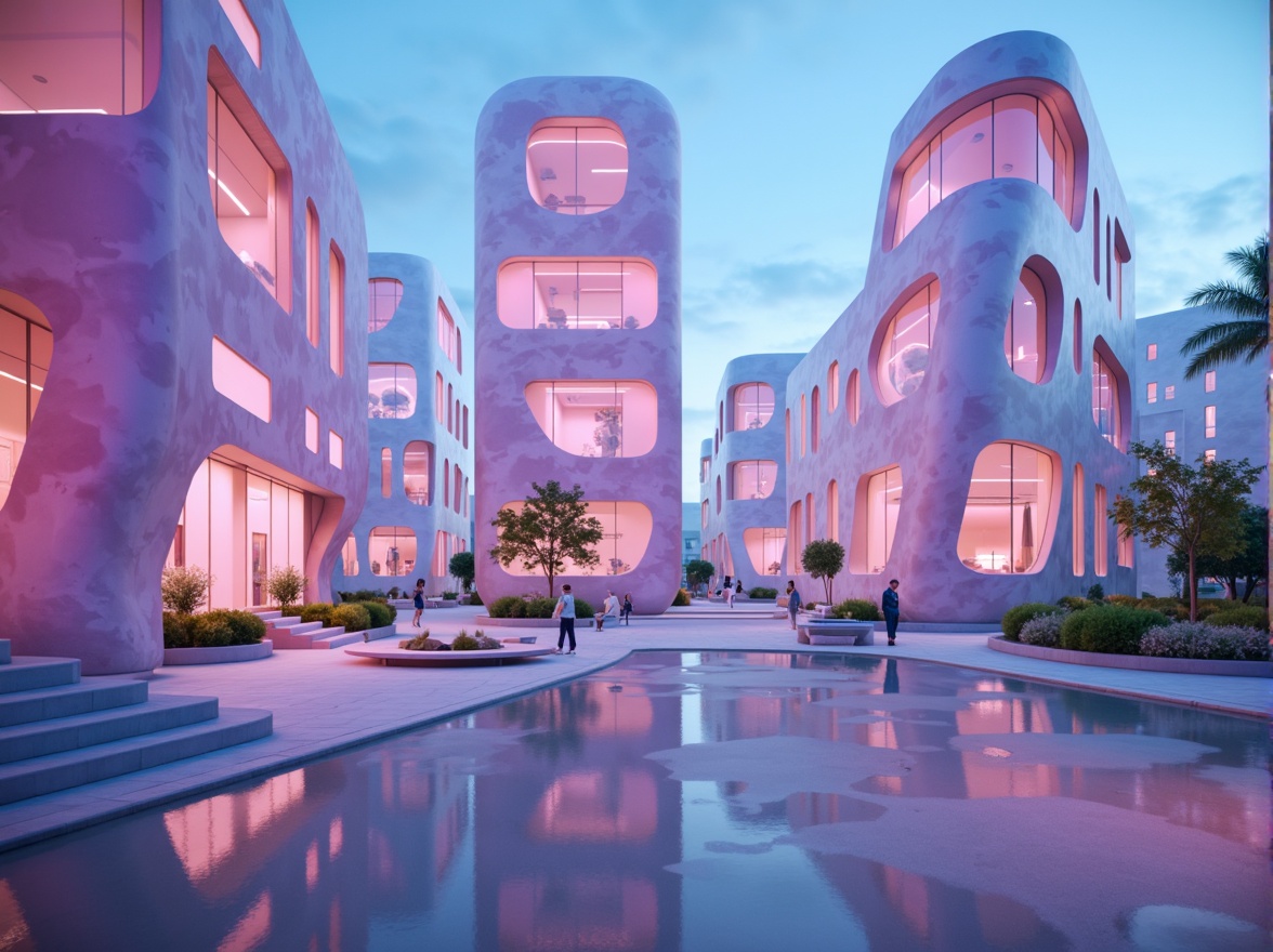 Prompt: Vibrant blob-shaped buildings, pastel color palette, soft gradient transitions, iridescent hues, neon accents, translucent materials, futuristic architecture, curved lines, organic forms, glowing ambiance, moody lighting, shallow depth of field, 1/1 composition, surreal atmosphere, abstract textures, misty fog effects.