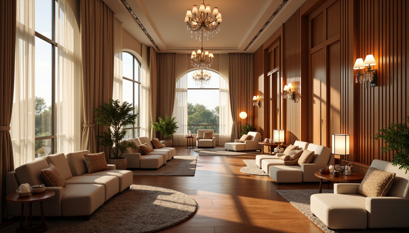 Prompt: Luxurious interior design, warm ambient lighting, soft glow ceiling lamps, floor-to-ceiling windows, natural sunlight, sheer curtains, velvet sofas, rich wood flooring, ornate chandeliers, crystal droplets, dramatic spotlighting, cozy reading nooks, intimate corner seating, plush area rugs, elegant wall sconces, bronze metallic accents, sophisticated color palette, relaxing atmosphere, warm beige tones, creamy whites, soft pastels, golden hour, subtle shading, 1/2 composition, realistic reflections.