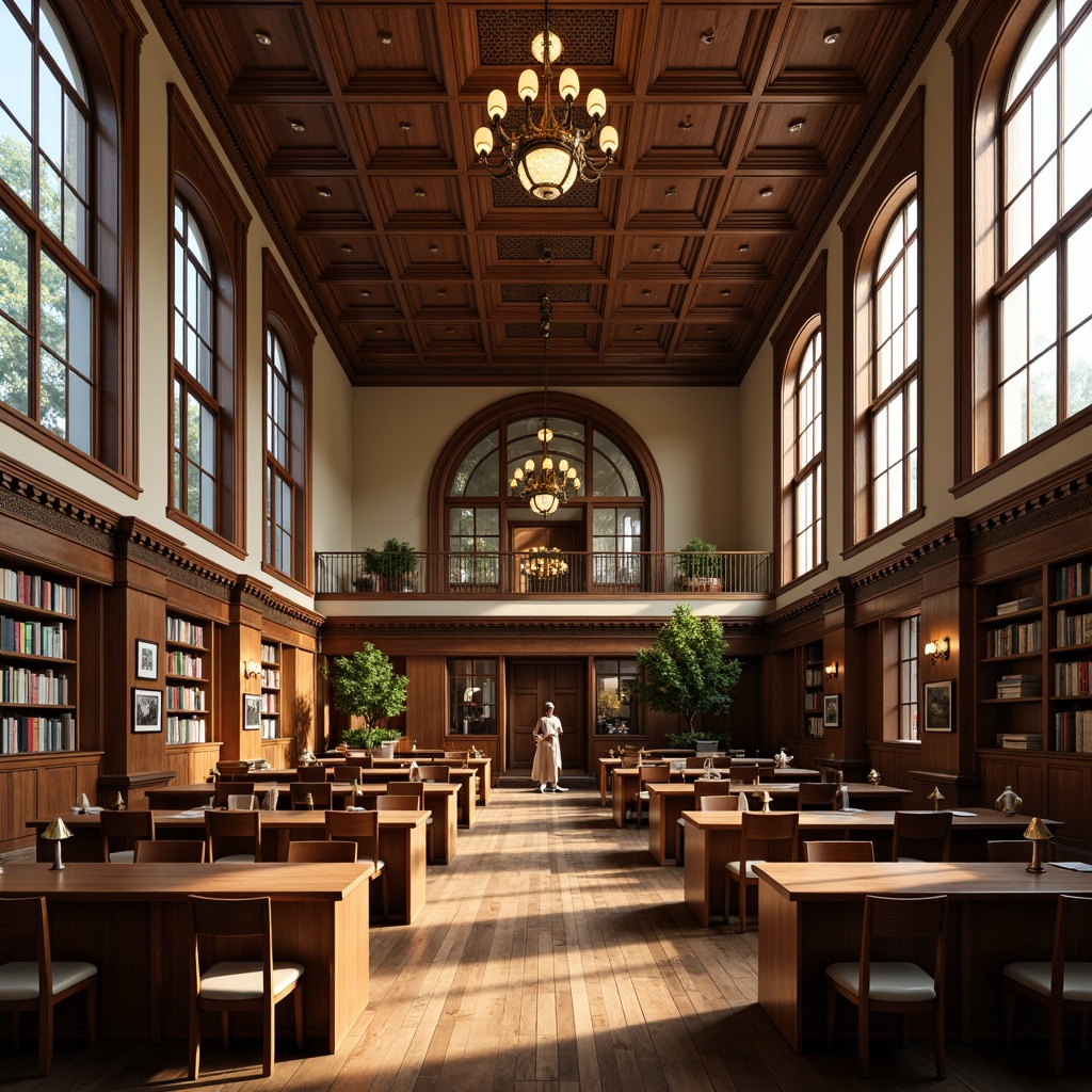 Prompt: Elegant lecture halls, wooden floors, high ceilings, large windows, natural light, comfortable seating areas, traditional academic furniture, rich wood paneling, intricate moldings, ornate chandeliers, cozy reading nooks, classic bookshelves, sophisticated color schemes, soft warm lighting, 1/1 composition, shallow depth of field, realistic textures, ambient occlusion.