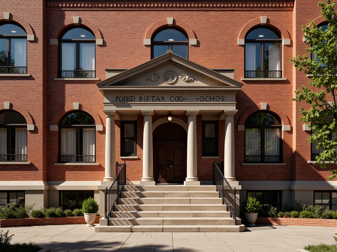 Prompt: Historic courthouse building, ornate brick facade, rusticated quoins, arched windows, grand entrance, columned portico, intricate stone carvings, richly textured brickwork, earthy color palette, warm natural lighting, shallow depth of field, 1/2 composition, symmetrical framing, realistic textures, ambient occlusion.