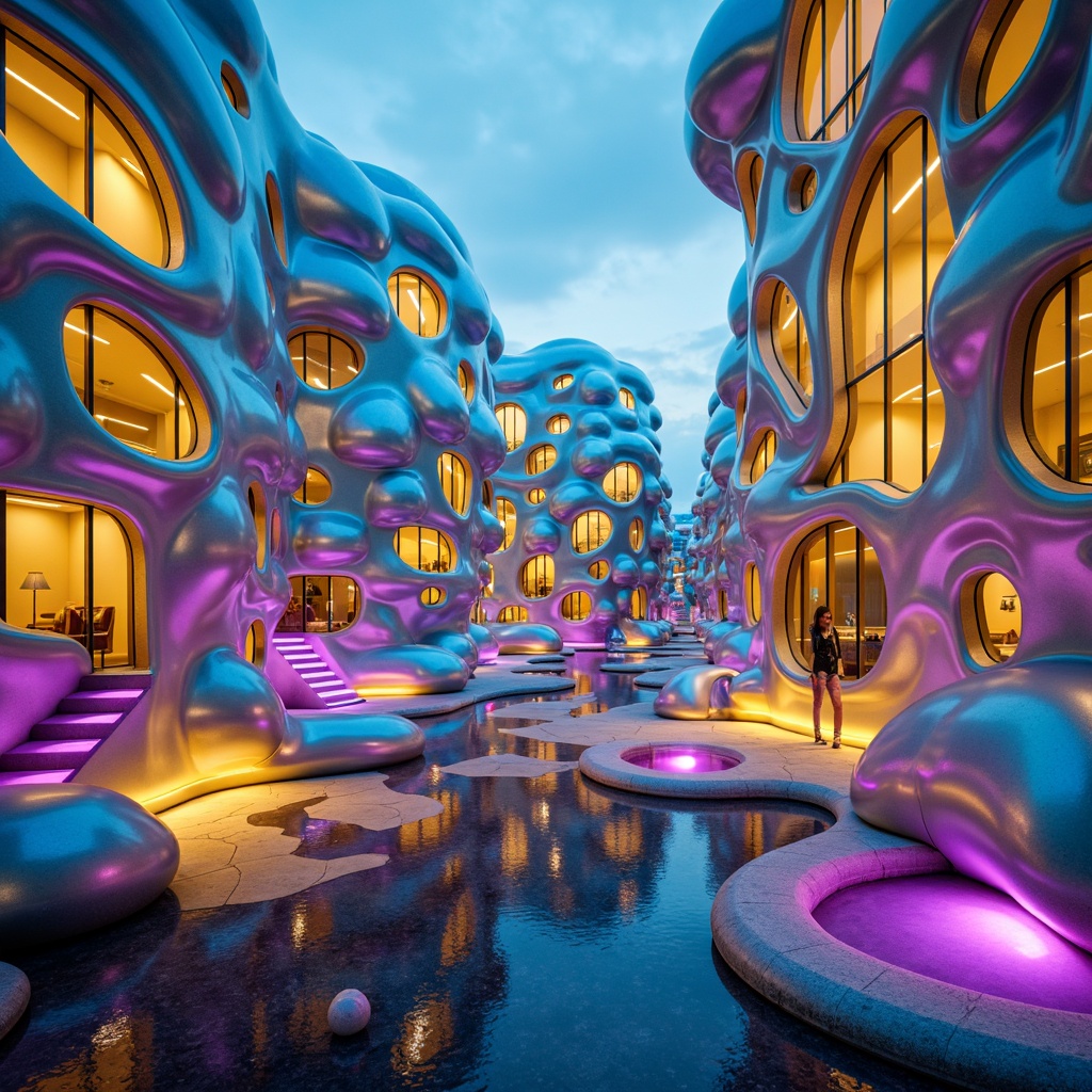 Prompt: Vibrant blob-shaped buildings, iridescent color scheme, shimmering metallic surfaces, neon-lit accents, futuristic architecture, glowing luminescent details, electric blue and green hues, bold yellow and orange tones, pastel pink and purple shades, gradient transitions, ombre effects, 3D modeling, surreal landscapes, dreamy atmosphere, soft focus, atmospheric perspective, cinematic lighting, high-contrast rendering.