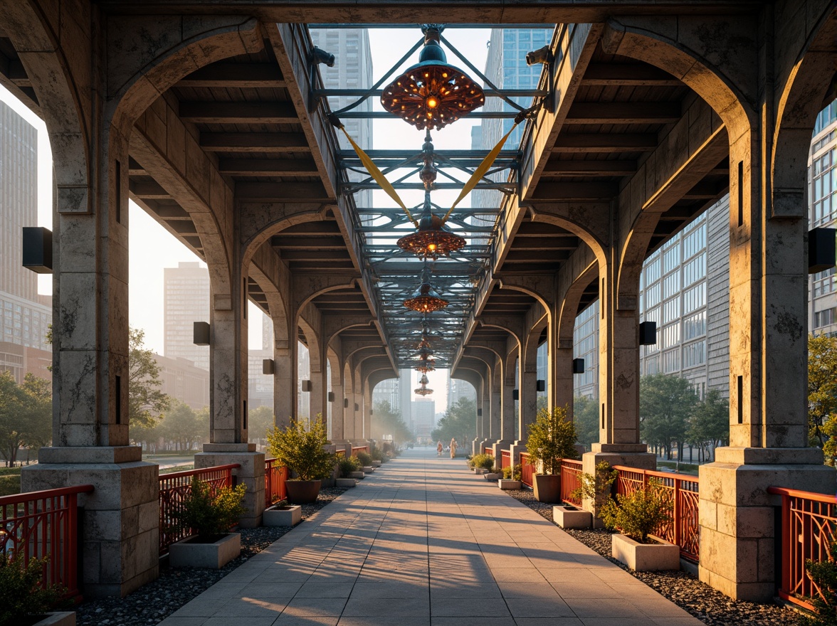 Prompt: Eclectic bridge, asymmetrical arches, mixed materials, industrial metal beams, rough stone piers, ornate ironwork, vibrant color accents, dynamic light fixtures, complex geometric patterns, intricate stonework, ornamental railings, eclectic sculptures, urban cityscape, misty atmosphere, warm golden lighting, shallow depth of field, 1/1 composition, realistic textures, ambient occlusion.