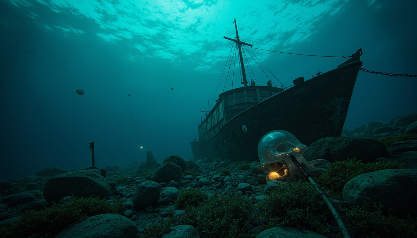 Prompt: Mysterious underwater scene, dark cyan hues, eerie bioluminescent creatures, glowing jellyfish, abandoned shipwreck, rusty metal debris, seaweed-covered rocks, misty ocean atmosphere, soft blue-green lighting, shallow depth of field, 1/2 composition, cinematic mood, realistic water textures, subtle ambient occlusion.