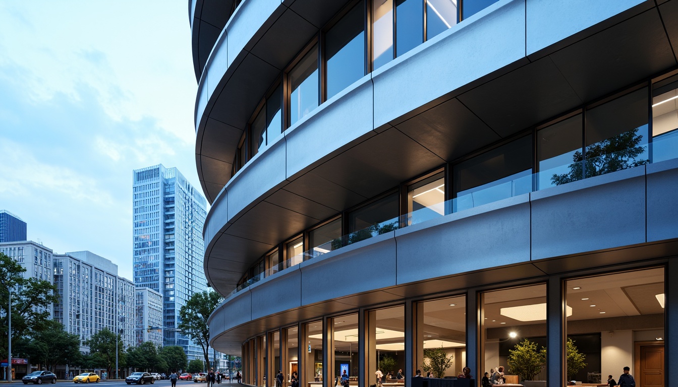 Prompt: Curved building facade, metallic materials, polished chrome accents, horizontal lines, minimalist ornamentation, rounded corners, large windows, sliding glass doors, urban cityscape, busy streets, modern skyscrapers, cloudy blue sky, soft natural lighting, shallow depth of field, 2/3 composition, symmetrical balance, realistic reflections, ambient occlusion.