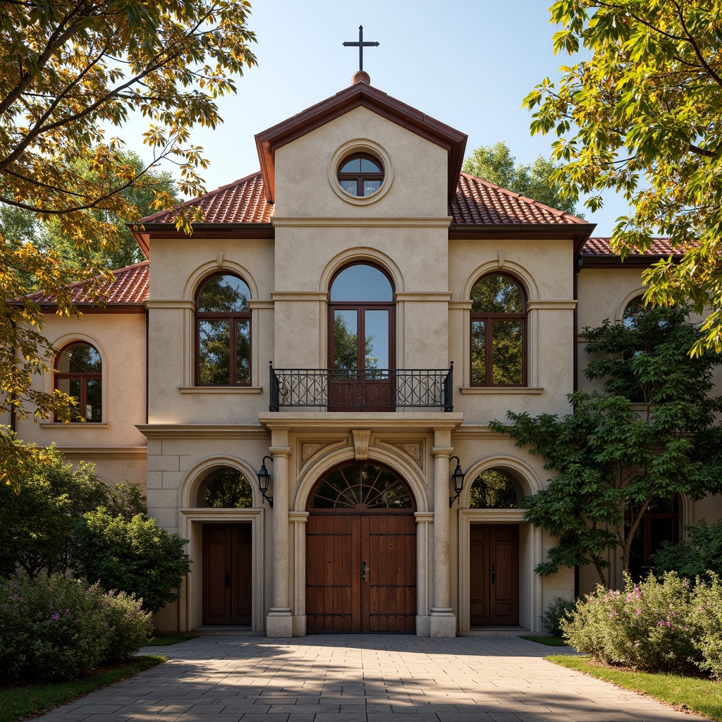 Prompt: Rustic school building, Romanesque fa\u00e7ade, arched windows, ornate stone carvings, red terracotta roofing, grand entrance gates, heavy wooden doors, intricate metalwork, vintage lanterns, ivy-covered walls, lush greenery, sunny afternoon, warm golden lighting, shallow depth of field, 1/1 composition, realistic textures, ambient occlusion.