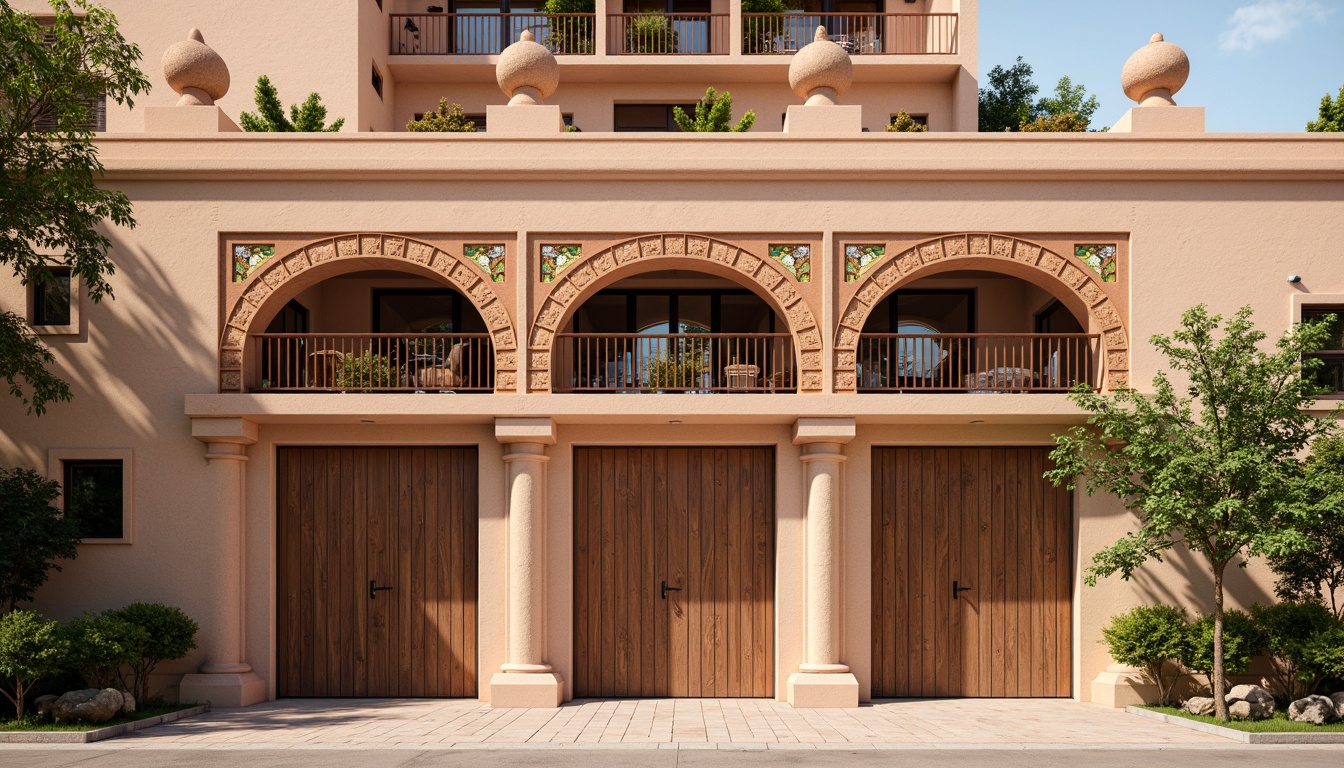 Prompt: Earth-toned facade, ornate archways, intricate stonework, decorative turrets, rustic wooden doors, ornamental metalwork, vibrant tile mosaics, regional cultural patterns, warm sunny day, soft natural lighting, shallow depth of field, 3/4 composition, panoramic view, realistic textures, ambient occlusion.