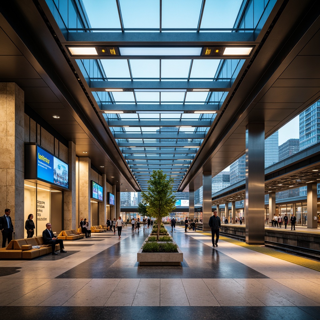 Prompt: Modern metro station interior, sleek glass ceilings, stainless steel columns, polished granite floors, vibrant LED lighting, comfortable seating areas, futuristic digital displays, clear signage systems, efficient crowd control measures, spacious platforms, natural stone walls, urban cityscape views, rush hour atmosphere, warm color tones, shallow depth of field, 1/2 composition, realistic textures, ambient occlusion.