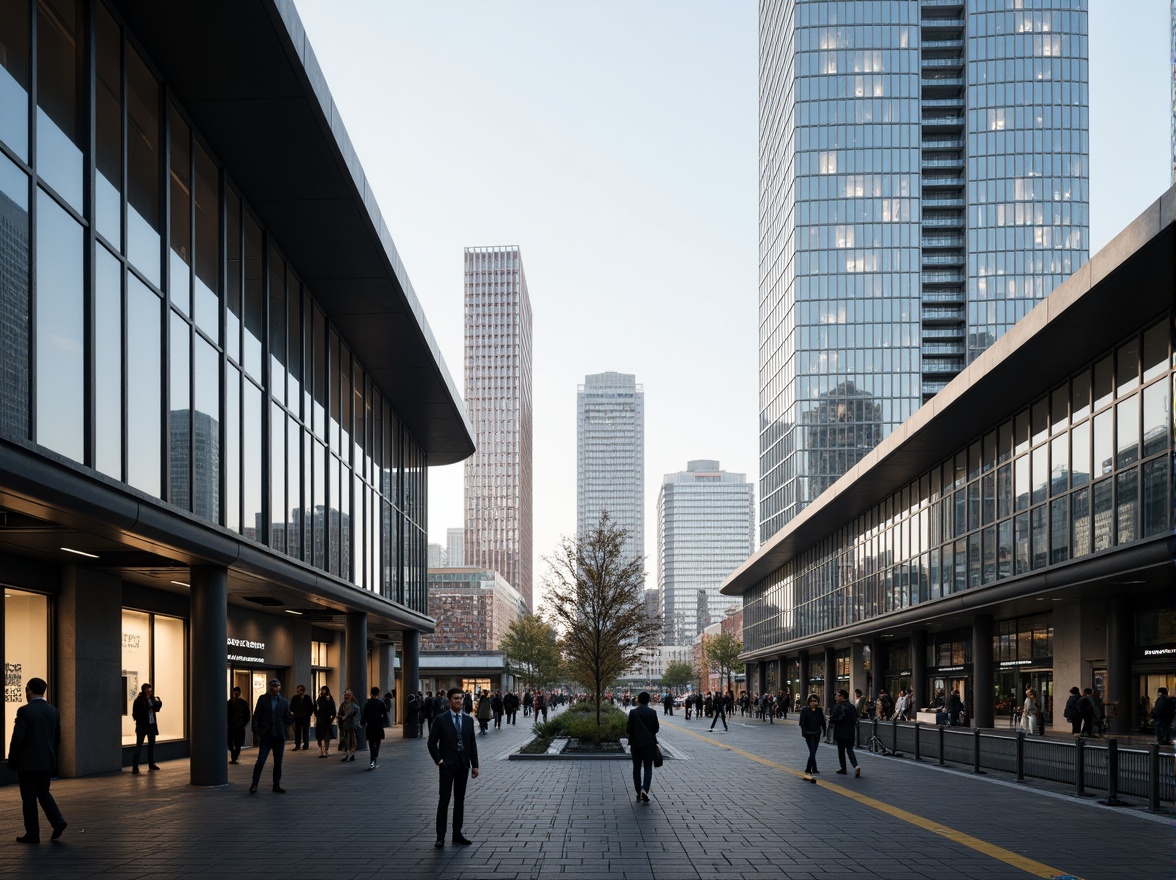 Prompt: Sleek modern train station, curved lines, metallic surfaces, large glass windows, minimal ornamentation, streamlined fa\u00e7ade, industrial materials, urban landscape, bustling city atmosphere, morning rush hour, soft natural lighting, shallow depth of field, 1/1 composition, realistic reflections, ambient occlusion, stainless steel columns, cantilevered roofs, abstract geometric patterns, LED light installations, futuristic vibe, dynamic architecture, high-tech infrastructure.