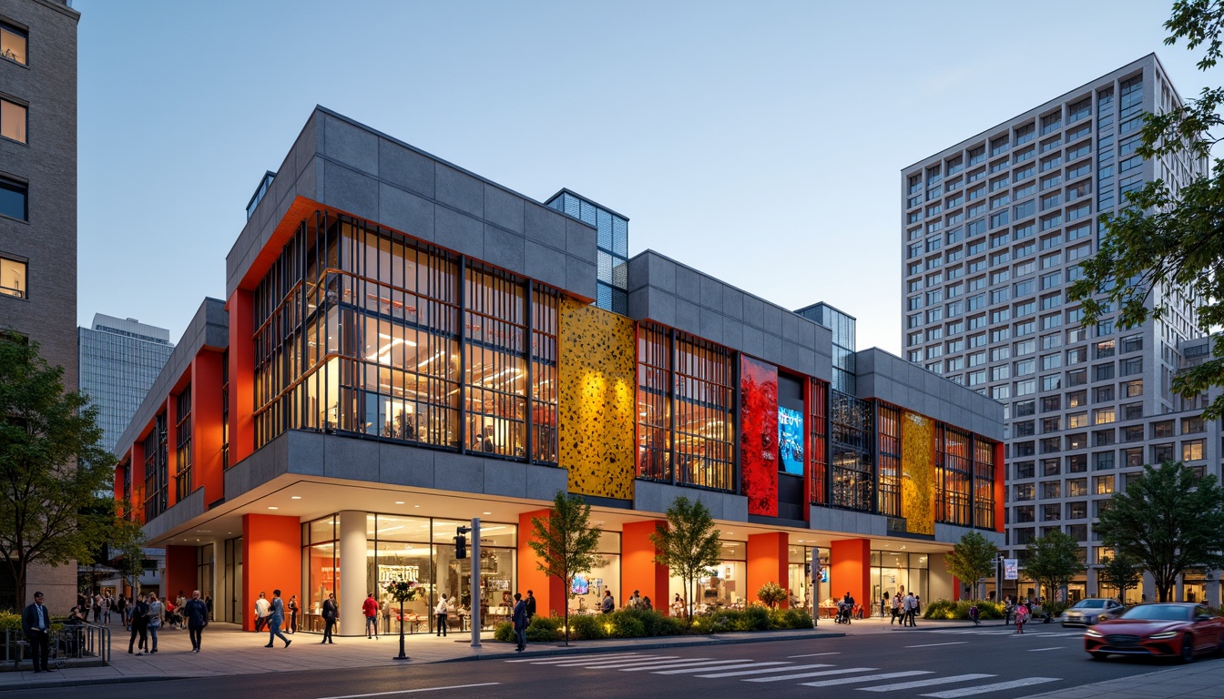 Prompt: Vibrant community center, bold expressionist architecture, irregular shapes, dynamic curves, abstract patterns, bright color scheme, textured concrete walls, metal mesh panels, oversized windows, angular rooflines, dramatic LED lighting, urban cityscape, busy street scene, pedestrian traffic, morning sunlight, shallow depth of field, 1/2 composition, cinematic view, realistic textures, ambient occlusion.