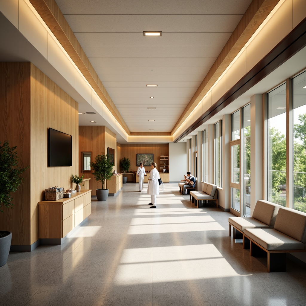 Prompt: Soothing healthcare facility, natural wood accents, calming color palette, acoustic ceiling tiles, comfortable seating areas, warm LED lighting, minimalist decor, ergonomic furniture, anti-microbial surfaces, easy-to-clean materials, non-slip flooring, accessible ramps, spacious corridors, abundant natural light, soft shadows, 1/1 composition, shallow depth of field, realistic textures, ambient occlusion.