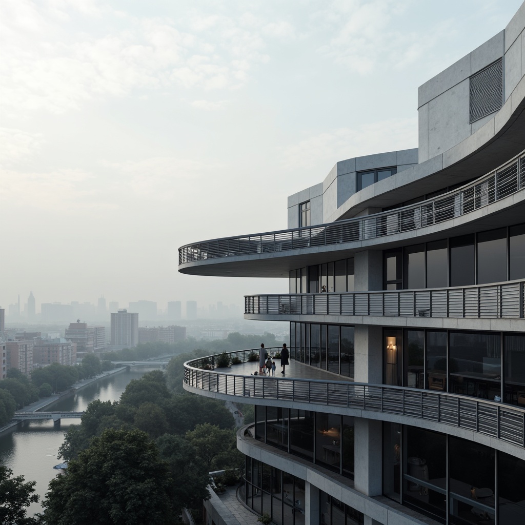 Prompt: Curved lines, aerodynamic shapes, metallic materials, polished chrome accents, rounded corners, horizontal emphasis, cantilevered roofs, ribbon windows, minimalist ornamentation, monochromatic color schemes, industrial chic aesthetic, urban cityscape, morning fog, soft diffused lighting, shallow depth of field, 2/3 composition, symmetrical framing, high-contrast textures, ambient occlusion.