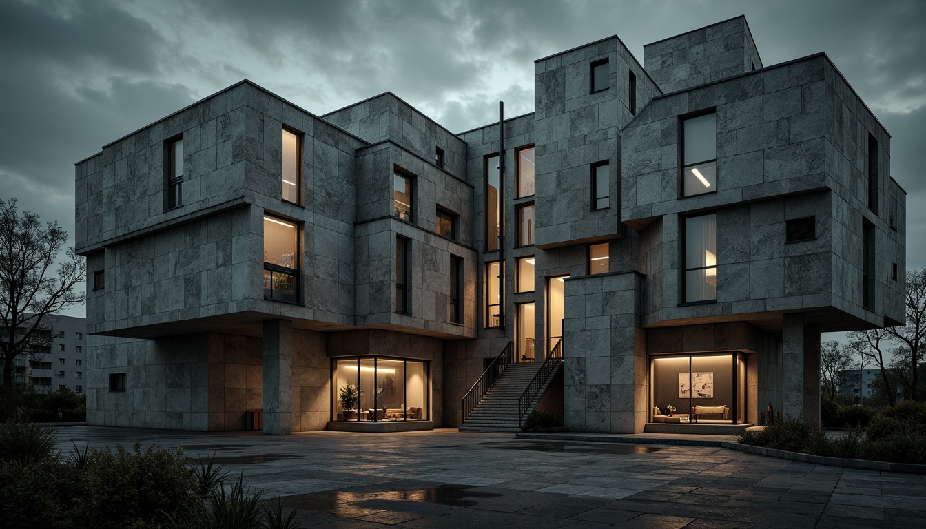 Prompt: Rugged university building, brutalist facade, raw concrete textures, fortress-like architecture, geometric forms, monolithic structures, cantilevered roofs, narrow windows, heavy metal doors, industrial-style lighting, moody atmospheric shadows, dramatic high-contrast lighting, 2/3 composition, cinematic depth of field, gritty realistic renderings.