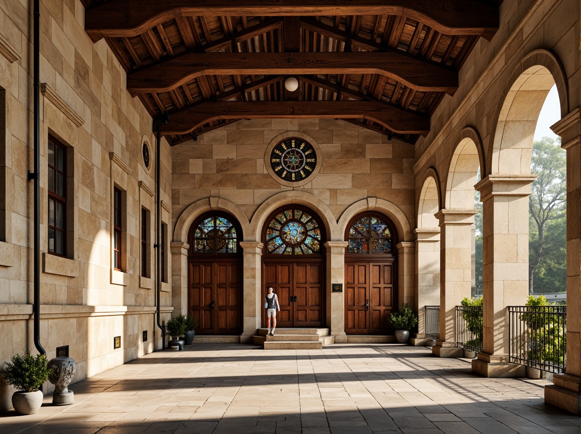 Prompt: Rustic school facade, Romanesque arches, weathered stone walls, ornate carvings, grand entranceways, heavy wooden doors, stained glass windows, intricate mosaics, vaulted ceilings, ornamental columns, warm earthy tones, soft afternoon light, shallow depth of field, 1/2 composition, symmetrical framing, rich textures, ambient occlusion.