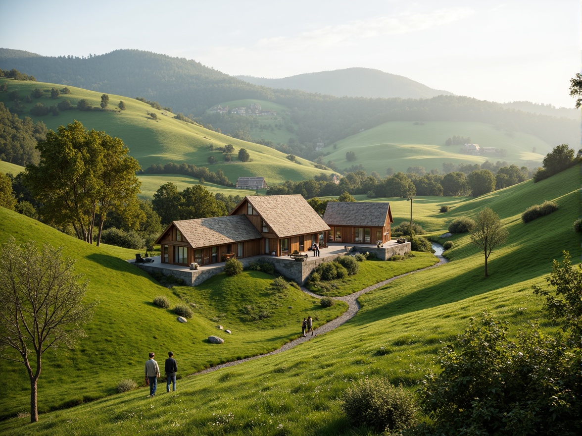 Prompt: Rustic farmland, rolling hills, verdant green pastures, meandering streams, wooden farmhouses, modern eco-friendly architecture, sloping rooftops, large windows, natural stone walls, earthy tones, organic forms, blending boundaries, seamless transitions, panoramic views, warm soft lighting, shallow depth of field, 1/1 composition, realistic textures, ambient occlusion.