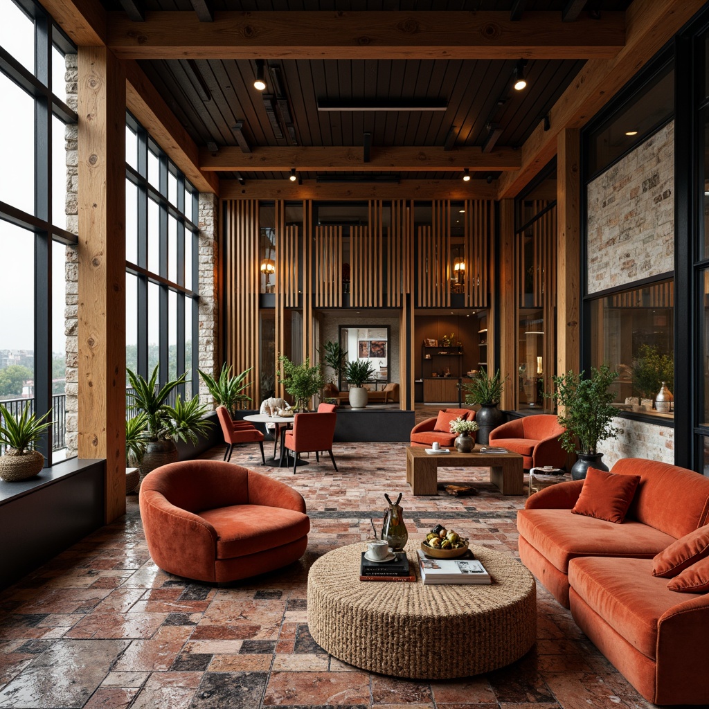 Prompt: Luxurious velvet fabrics, rich wood grain textures, metallic accents, sleek glass surfaces, natural stone walls, earthy terracotta tiles, soft suede upholstery, industrial metal beams, reclaimed wooden planks, vibrant colorful ceramics, intricate mosaic patterns, warm ambient lighting, shallow depth of field, 3/4 composition, realistic reflections, ambient occlusion.