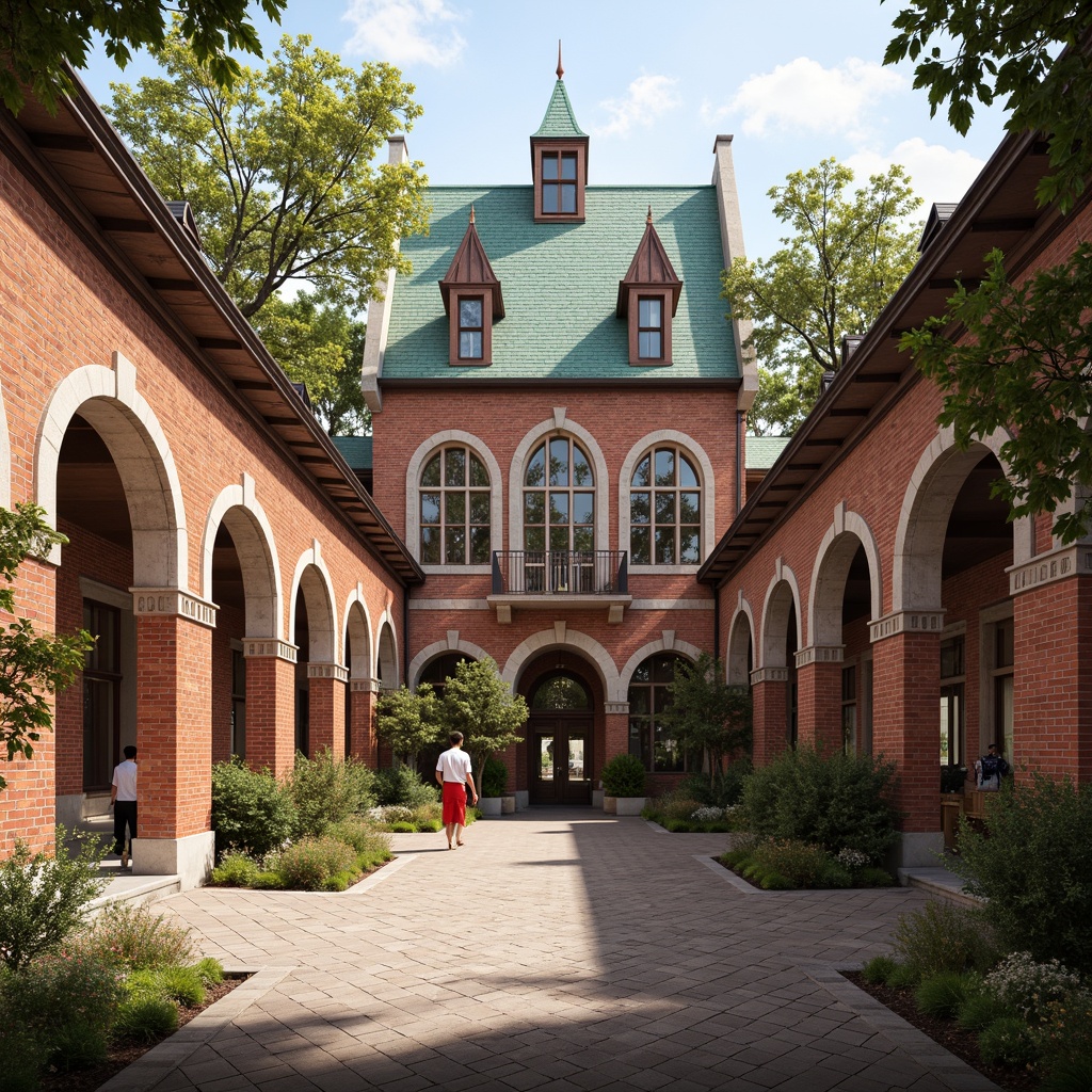 Prompt: Rustic school building, Romanesque arches, ornate stone carvings, vibrant red brick walls, green slate roofing, curved clay tiles, decorative finials, grand entrance hallways, stained glass windows, natural wood accents, earthy tone color palette, warm sunny day, soft diffused lighting, 1/1 composition, symmetrical framing, realistic textures, ambient occlusion.