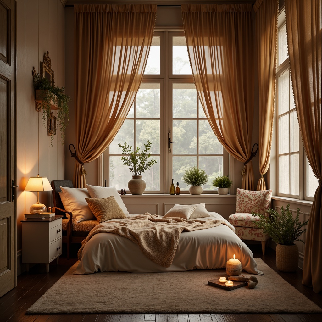 Prompt: Whimsical boudoir, soft velvety drapes, flowing silk curtains, delicate lace trimmings, ornate wooden shutters, distressed finishes, vintage hardware, romantic candlelight, warm golden hues, plush area rugs, luxurious fabrics, billowy sheers, subtle patterns, elegant folds, dramatic swags, opulent tassels, lavish trims, intimate ambiance, cozy nooks, relaxing atmosphere, soft focus, warm color palette, 1/2 composition, shallow depth of field.