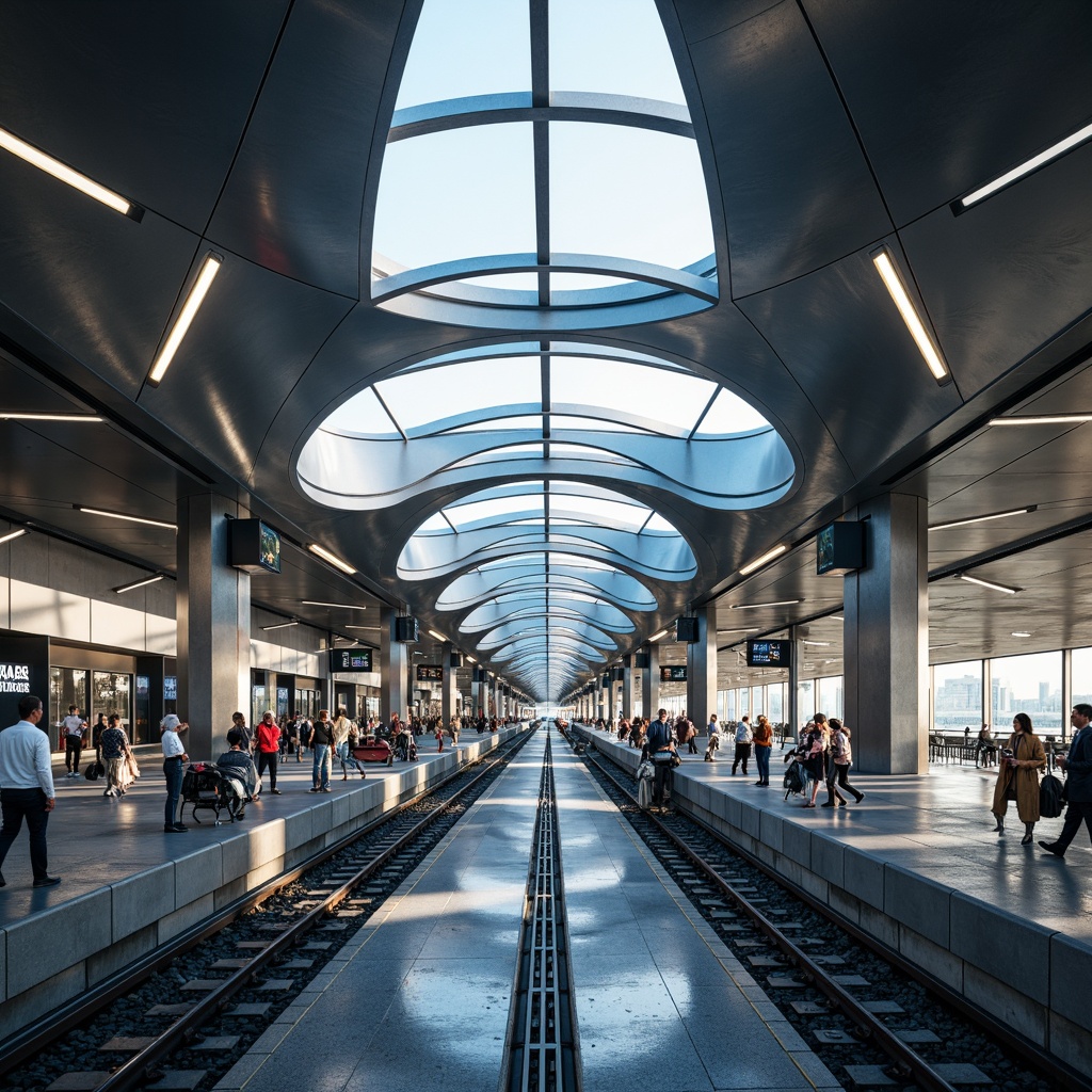 Prompt: Sleek transportation hubs, curved streamline architecture, modern metallic materials, polished chrome accents, futuristic LED lighting, dynamic fluid shapes, aerodynamic lines, high-speed rail networks, bustling urban centers, morning rush hour atmosphere, soft natural light, shallow depth of field, 1/2 composition, panoramic view, realistic reflections, ambient occlusion.