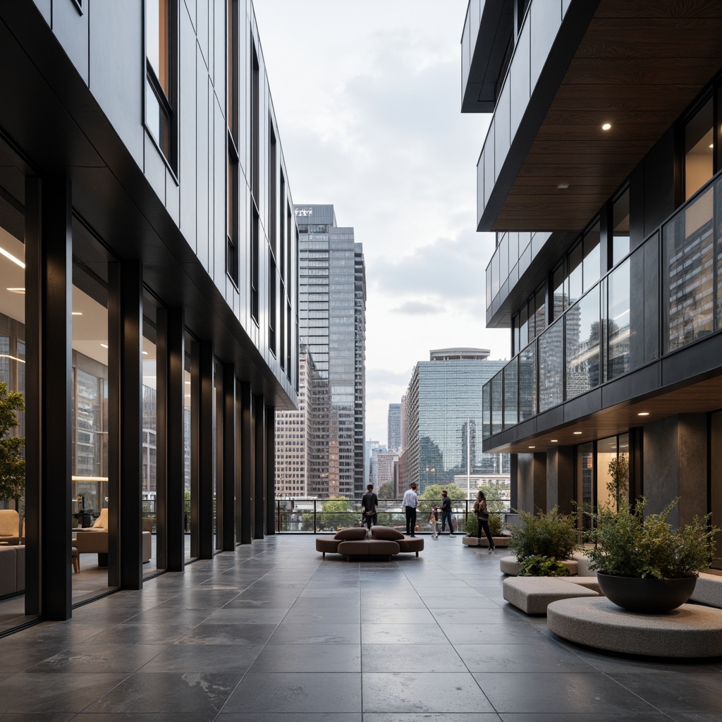 Prompt: Sleek modern buildings, curved lines, metallic surfaces, reflective glass facades, polished concrete floors, minimalist decor, industrial chic accents, reclaimed wood textures, exposed ductwork, urban cityscape, cloudy grey skies, soft diffused lighting, shallow depth of field, 2/3 composition, cinematic view, realistic reflections, ambient occlusion.