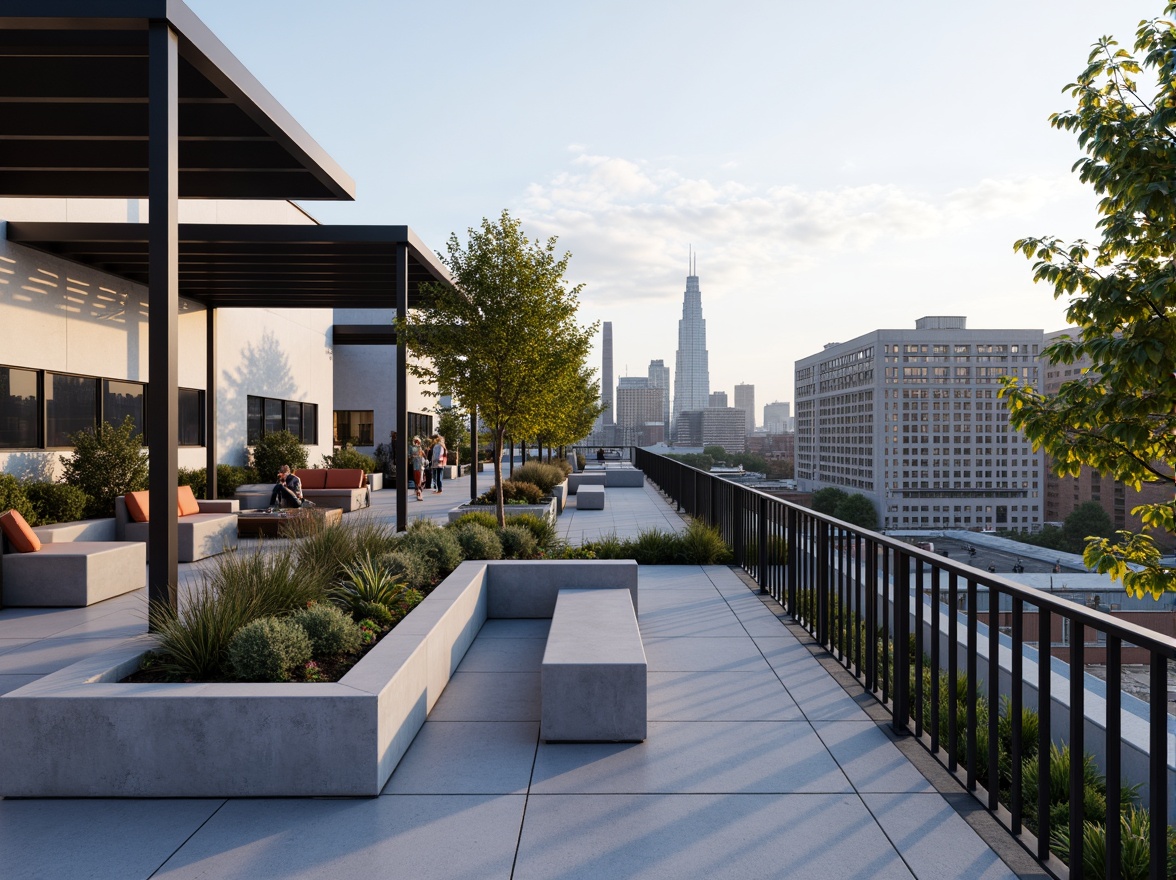 Prompt: Rooftop garden, minimalist decor, industrial chic, steel railings, concrete planters, geometric-shaped planters, succulent plants, modernist architecture, flat roof, urban skyline view, cityscape backdrop, functional outdoor furniture, built-in benches, cantilevered shade structures, bold color accents, graphic patterns, rectangular forms, clean lines, functional lighting, warm ambient glow, shallow depth of field, 2/3 composition, realistic textures, subtle atmospheric effects.