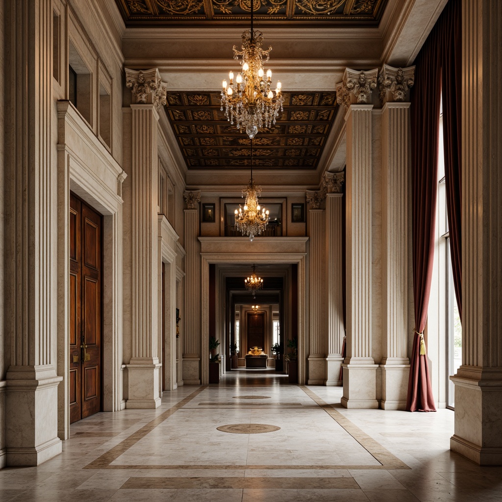 Prompt: Elegant classical architecture, ornate columns, carved marble facades, grand entranceways, symmetrical compositions, richly textured stone walls, polished bronze door handles, intricate wooden moldings, luxurious velvet drapes, crystal chandeliers, soft warm lighting, shallow depth of field, 1/1 composition, realistic textures, ambient occlusion.