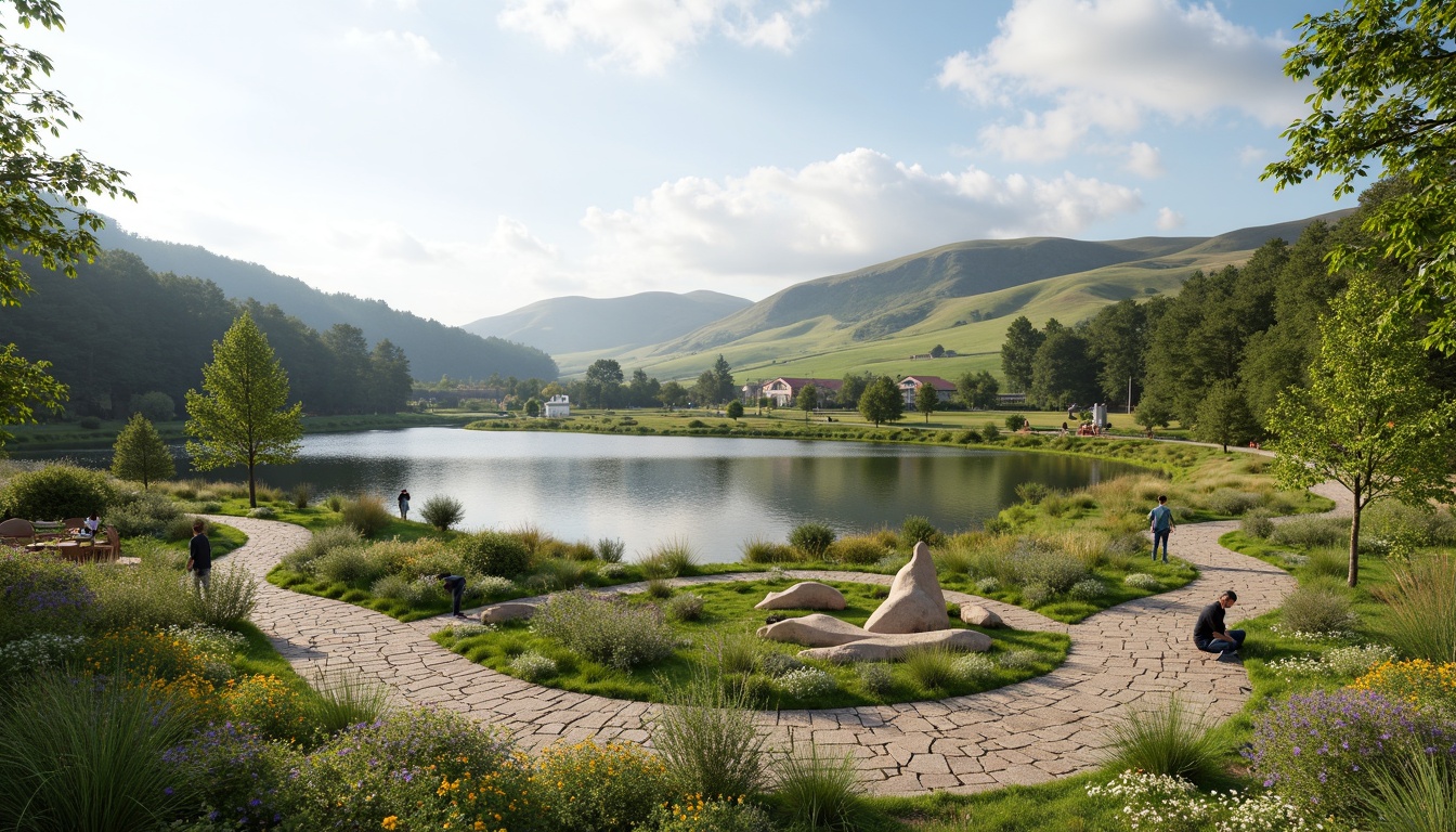 Prompt: Seamless landscape integration, natural scenery, rolling hills, serene lakeside, lush greenery, vibrant wildflowers, winding stone pathways, wooden benches, outdoor recreational spaces, modern sculptures, abstract art installations, warm sunny day, soft diffused lighting, shallow depth of field, 3/4 composition, panoramic view, realistic textures, ambient occlusion.