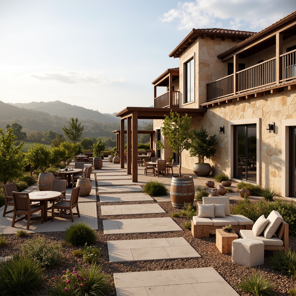 Prompt: Earthy winery social housing, rustic stone fa\u00e7ade, wooden accents, lush vineyards, rolling hills, warm sunny day, soft natural lighting, cozy outdoor seating areas, communal gardens, weathered wood benches, wrought iron railings, earthy color palette, terracotta roofs, stucco walls, large windows, sliding glass doors, modern farmhouse architecture, natural textiles, woven baskets, vintage wine barrels, distressed wood furniture, warm beige tones, soft sage greens, rich burgundy reds, creamy whites, shallow depth of field, 1/1 composition, realistic textures, ambient occlusion.