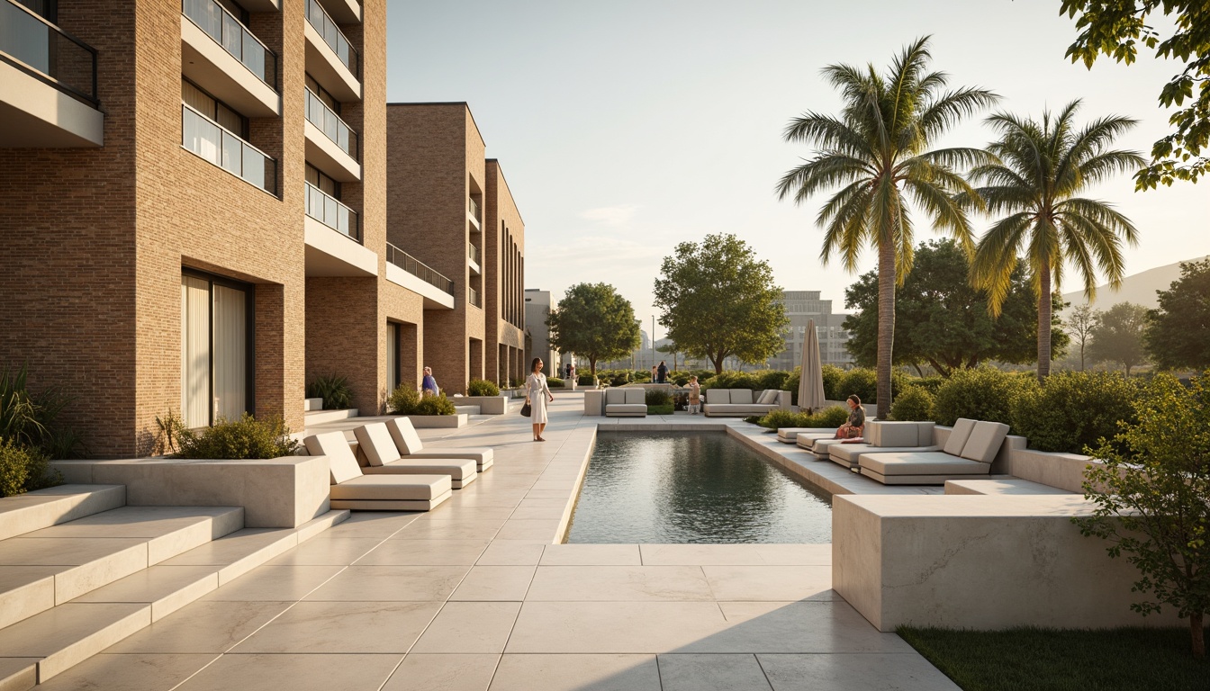 Prompt: Richly textured stone walls, earthy tone bricks, warm beige stucco, soft sage green accents, creamy white marble, polished chrome metal, transparent glass railings, natural wood tones, subtle gradient sky, warm sunny day, high contrast lighting, dramatic shadows, 2/3 composition, atmospheric perspective, realistic material textures, ambient occlusion.