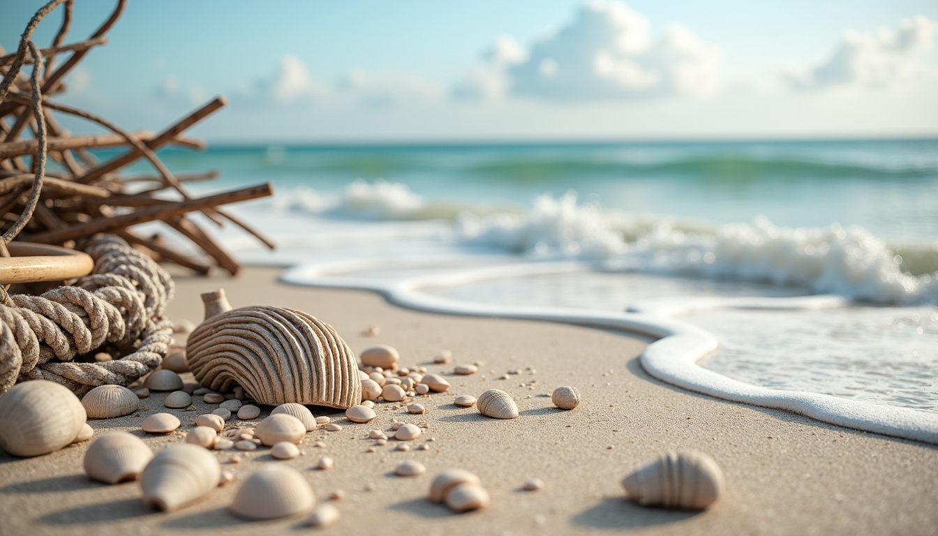 Prompt: \Sandy beach, ocean waves, seashells, driftwood accents, nautical ropes, calming blue hues, soft creamy whites, weathered wood tones, natural textures, woven fibers, seaside-inspired patterns, gentle warm lighting, shallow depth of field, 2/3 composition, panoramic view, realistic renderings, ambient occlusion.\