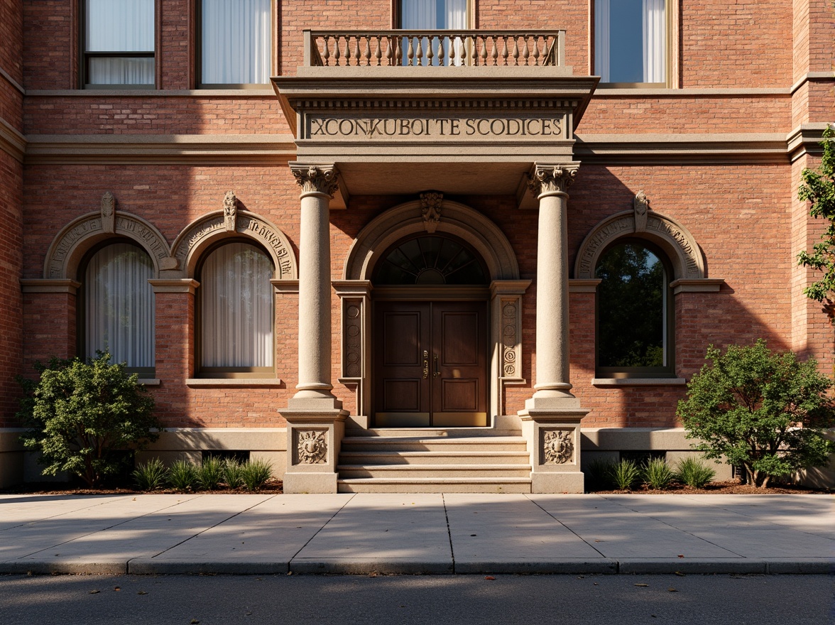 Prompt: Historic courthouse building, ornate brick facade, rusticated quoins, arched windows, grand entrance, columned portico, intricate stone carvings, richly textured brickwork, earthy color palette, warm natural lighting, shallow depth of field, 1/2 composition, symmetrical framing, realistic textures, ambient occlusion.