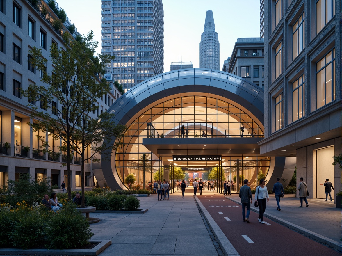 Prompt: Modern academic metro station, grand entrance arches, sleek glass fa\u00e7ades, metallic accents, futuristic LED lighting, vibrant urban atmosphere, bustling streets, pedestrian pathways, bike lanes, green roofs, solar panels, energy-efficient systems, geometric patterns, dynamic shapes, 3D architectural details, shallow depth of field, 2/3 composition, warm color tones, ambient occlusion, realistic textures.Please let me know if this meets your requirements!