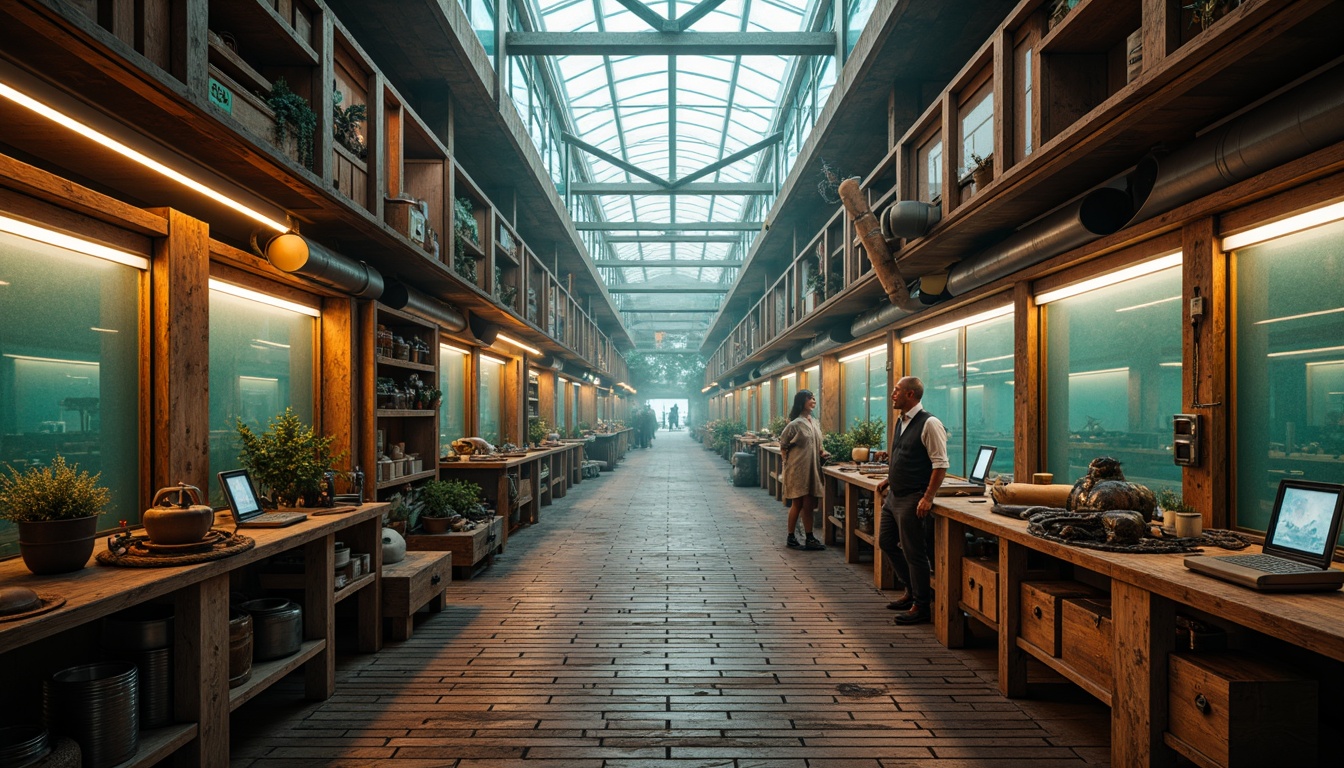 Prompt: Weathered wooden docks, rusty nautical equipment, ocean-inspired metallic surfaces, frosted glass accents, driftwood textures, soft misty atmosphere, warm golden lighting, shallow depth of field, 1/1 composition, symmetrical view, futuristic workshop machinery, sleek aluminum frames, neon-lit LED strips, vibrant coral hues, calming seafoam greens, deep navy blues, iridescent mother-of-pearl finishes, holographic displays, ambient occlusion.