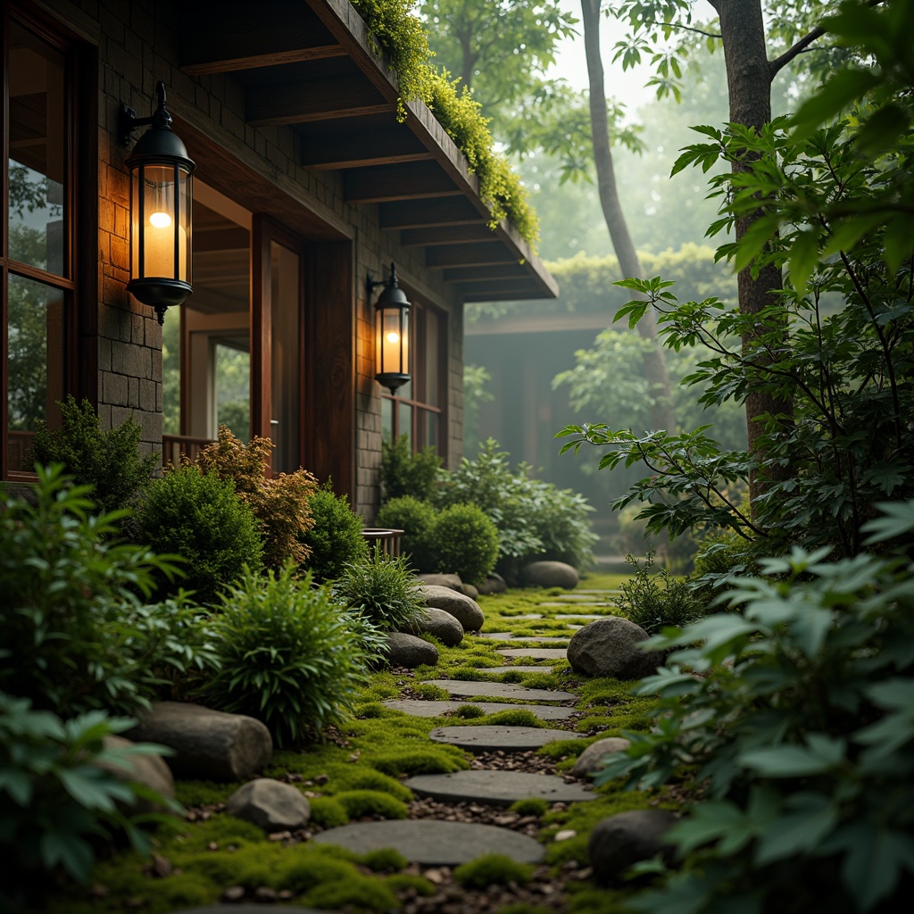 Prompt: Mossy forest floor, lush greenery, earthy tones, natural stone walls, wooden accents, vintage metal lanterns, soft warm lighting, misty atmosphere, shallow depth of field, 1/1 composition, realistic textures, ambient occlusion, serene ambiance, whimsical illustrations, organic shapes, botanical patterns, nature-inspired designs.