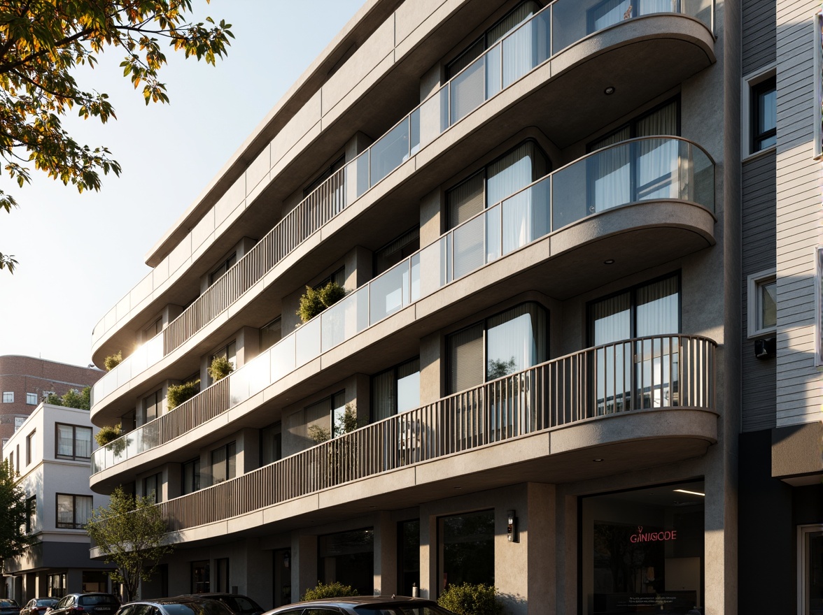 Prompt: Curved building facade, Art Deco inspirations, metallic materials, chrome accents, horizontal lines, rounded corners, minimalist ornamentation, large windows, sliding glass doors, balconies with metal railings, urban cityscape, morning sunlight, soft warm lighting, shallow depth of field, 3/4 composition, panoramic view, realistic textures, ambient occlusion.