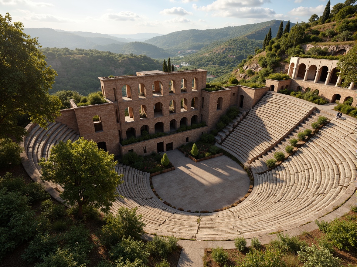 Prompt: Ancient Romanesque amphitheater, lush greenery, natural stone seating, ornate arches, grandiose columns, rustic brick facades, Mediterranean landscape, rolling hills, olive groves, cypress trees, sunny afternoon, warm golden lighting, shallow depth of field, 3/4 composition, panoramic view, realistic textures, ambient occlusion, integrated water features, naturalistic plantings, meandering pathways, scenic overlooks, historic preservation, cultural heritage, rustic charm.