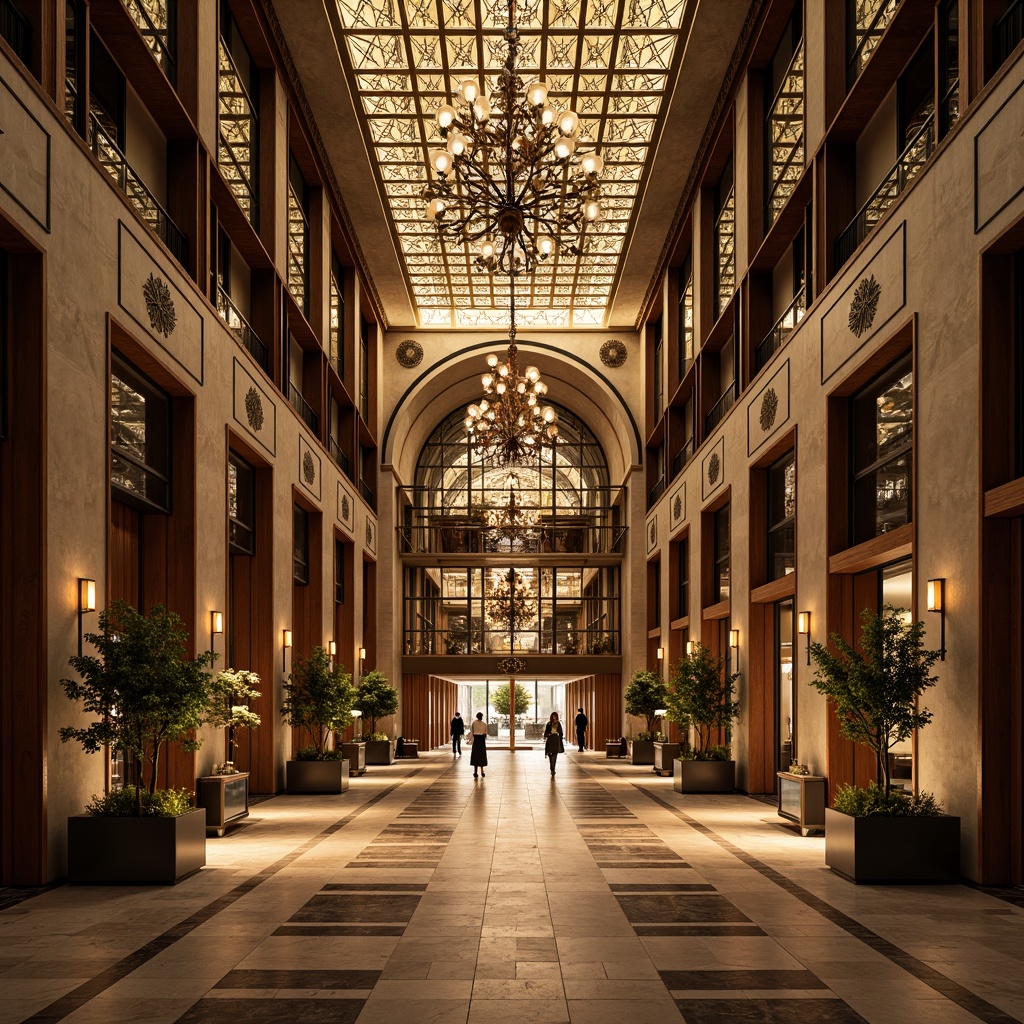 Prompt: Glamorous office building, ornate Art Deco facade, geometric patterns, metallic accents, grand entrance, revolving doors, polished marble floors, luxurious lobby, elegant chandeliers, curved lines, symmetrical composition, warm golden lighting, shallow depth of field, 1/1 aspect ratio, high-contrast colors, detailed textures, ambient occlusion.