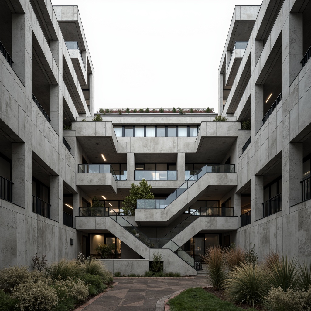 Prompt: Rough-hewn concrete walls, brutalist fortress-like buildings, rugged stone foundations, raw steel beams, industrial-style pipes, exposed ductwork, minimalist ornamentation, functional simplicity, bold geometric forms, dramatic cantilevers, angular staircases, poured-in-place concrete, weathered metal accents, urban campus setting, overcast skies, strong dramatic lighting, high contrast ratio, 2/3 composition, symmetrical framing, detailed textures, ambient occlusion.