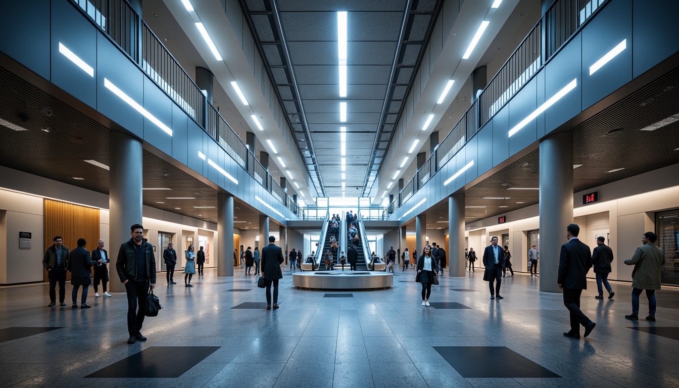 Prompt: Modern metro station, sleek architecture, stainless steel columns, LED lighting strips, futuristic ambiance, high ceilings, grand staircases, escalators, bustling crowd, urban atmosphere, bright white lights, soft warm glow, indirect illumination, suspended light fixtures, minimalist design, energy-efficient solutions, motion sensors, automated controls, dynamic color changing effects, 3D visualizations, realistic reflections, shallow depth of field, 1/2 composition, symmetrical framing.