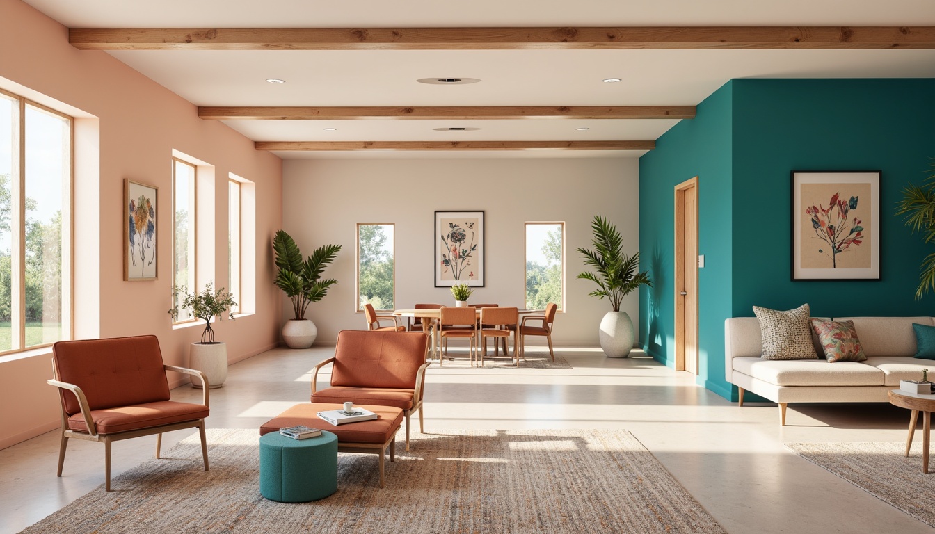 Prompt: Vibrant design studio, modern minimalist decor, pastel color scheme, soft peach tones, creamy whites, rich charcoal accents, bold turquoise highlights, natural wood textures, sleek metal frames, geometric patterns, abstract artwork, warm ambient lighting, 1/1 composition, realistic rendering, subtle shadows.